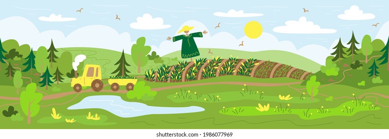 Agriculture. Harvesting. Rural landscape with hills, forest, field and pond. Background for website, banner, advertising. Hand drawn illustration. Natural background