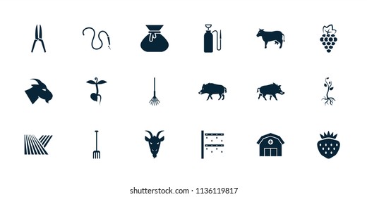 Agriculture icon. collection of 18 agriculture filled icons such as field, grape, hog, goat, pitchfork, rake, strawberry. editable agriculture icons for web and mobile.