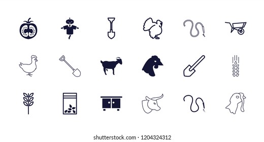 Agriculture icon. collection of 18 agriculture filled and outline icons such as chicken, seed bag, wheel barrow, turkey, shovel. editable agriculture icons for web and mobile.