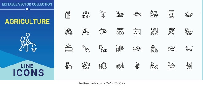 Agriculture icon collection. It contains symbols to plantation, field, harvest, eco, gardening, plant, garden and more. Farming icon set in linear style. Thin outline icons pack. Editable stroke.