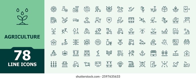 Agriculture icon collection. Related to garden, land, tractor, veg, plant, bio, grow, farming and more. Thin linear style icons. Farming icons. Minimalist vector collections.
