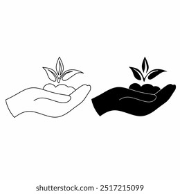 The agriculture icon displays a representation of environmental care elements. This icon is designed to symbolize growth. silhouette of a hand lifting soil and plants. with a white background