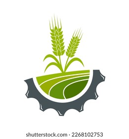 Agriculture icon. Field of wheat. Cereals farming, bakery or market, natural food production or agronomy technology vector emblem, sign or symbol with wheat or rye ear, field and mechanic cog wheel