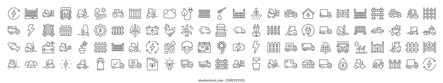 Agriculture Icon Pack. Contains Icons of Tractor, Fence, Farm, Energy that Can Be Used for Design of Cards, Posts, Apps, Web Sites