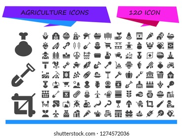  agriculture icon set. 120 filled agriculture icons. Simple modern icons about  - Chicken, Crop, Shovel, Corn, Barn, Rice, Watering can, Wheelbarrow, Salad, Wheat, Sprout, Butternut squash
