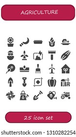 agriculture icon set. 25 filled agriculture icons.  Simple modern icons about  - Sunflower, Sickle, Sand, Corn, Salad, Chick, Windmill, Compost, Rake, Seed, Fertilization, Sow