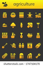 agriculture icon set. 26 filled agriculture icons.  Simple modern icons such as: Beans, Swarm, Salad, Honey, Scarecrow, Field, Broccoli, Radish, Rake, Farming, Olive oil, Shovel