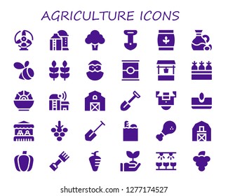  agriculture icon set. 30 filled agriculture icons. Simple modern icons about  - Windmill, Silo, Broccoli, Shovel, Wheat, Olive, Swarm, Chick, Tomato, Water well, Carrots, Salad