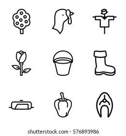 Agriculture icon. Set of 9 Agriculture outline icons such as turkey, fish, pepper, tree, rose, pan, bucket, boot