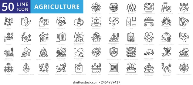 Agriculture icon set with aquaculture, forestry, for, non, key development, grains, farmers, fibers and industrial.