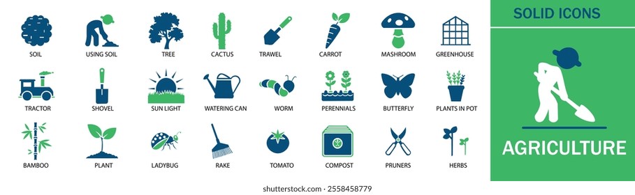 Agriculture Icon Set. Containing agriculture, green house, tree, food, bamboo, tomato, sun technology, farming, arts, justice and more. Solid vector icons collection.