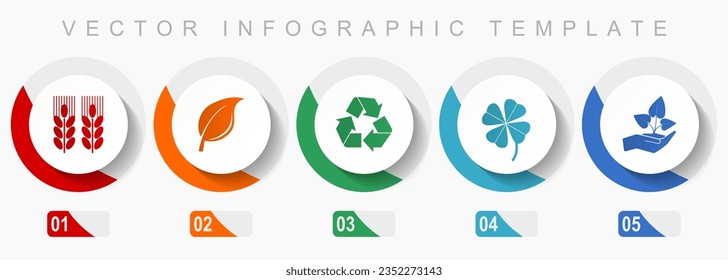 Agriculture icon set, miscellaneous icons such as wheat, leaf, recycling, clover and seedling, flat design vector infographic template, web buttons in 5 color options