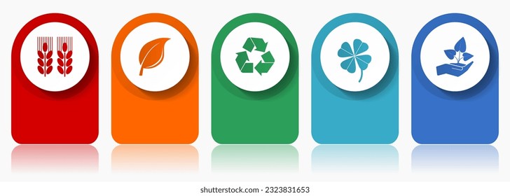 Agriculture icon set, miscellaneous vector icons such as wheat, leaf, recycling, clover and seedling, modern design infographic template, web buttons in 5 color options