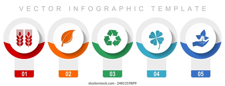 Agriculture icon set, miscellaneous vector icons such as wheat, leaf, recycling, clover and seedling, modern design infographic template, web buttons in 5 color options