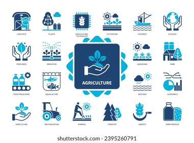 Agriculture icon set. Plants, Livestock, Farming, Ecology, Farms Produce, Irrigation, Cultivation, Aquaculture. Duotone color solid icons