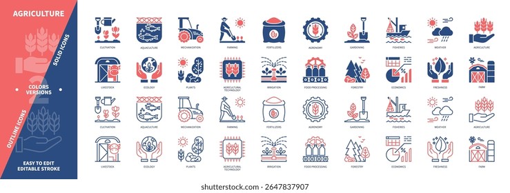 Agriculture icon set. Plants, Livestock, Farming, Ecology, Fertilizers, Irrigation, Cultivation, Aquaculture. Duotone color solid and editable outline icons