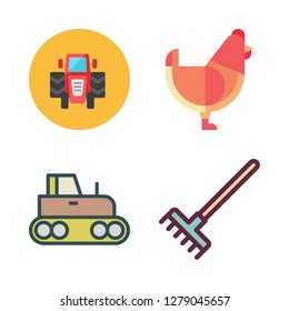 agriculture icon set. vector set about tractor, hen and rake icons set.