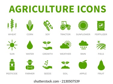Agriculture Icon Set of Wheat, Corn, Soy, Tractor, Sunflower, Fertilizer, Sun, Water, Growth, Weather, Rain, Fields, Pesticide, Farmer, Seeds, Soil, Apple, Fruit Icons.