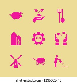 agriculture icon. agriculture vector icons set wheelbarrow, spade pitchfork, person watering can and wheat harvest growth