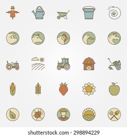Agriculture icons collection - vector colorful set of farm products, plants, animals and equipments.