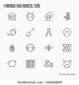 Agriculture icons with different animals, tools and symbols for eco products, farming flyers and banners. Thin line vector illustration.