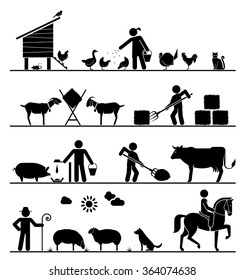 Agriculture icons. Feeding chickens and poultry, feeding goats with hay, feeding pigs and cattle, grazing sheep, riding horse. 