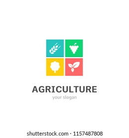 agriculture icons flat style logo Design with wheat, grapes, tree, plant icons. Trendy, creative, corporative logotype template concept.
