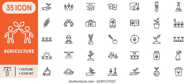 Agriculture Icons Outline Icon Set for Farming , Organic, Planting, Garden, Eco, Harvest, Farm, Greenhouse, Irrigation, Sustainability and Nature Design
