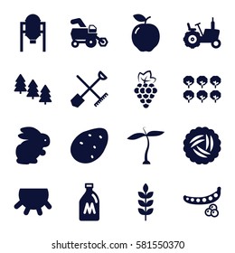 Agriculture icons set. Set of 16 Agriculture filled icons such as wheat, plant, udder, milk can, shovel and rake, nest, rabbit, potato, apple, grape, peas, tree, tank, tractor