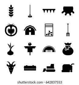 Agriculture icons set. set of 16 agriculture filled icons such as udder, barn, onion, scarecrow, goat, lawn mower, tractor, pitchfork, plowing tool, hoe, seed bag, tomato