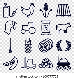 Agriculture icons set. set of 16 agriculture outline icons such as wheat, field, cow, chicken, turkey, hay, corn, mud, tractor, rake, harden hose, bag with ground, peas