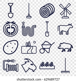 Agriculture icons set. set of 16 agriculture outline icons such as hog, goat, cow, hay, potato, mill, shovel, construction, rake, hoe, water hose, sprout plants, tomato