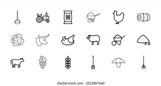 Agriculture icons. set of 18 editable outline agriculture icons: cow, chicken, tractor, sheep, construction, plant, pitchfork, rake, bag with ground, ground heap, goat, hay