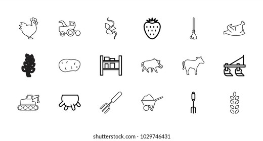 Agriculture icons. set of 18 editable outline agriculture icons: udder, tractor, pitchfork, cargo barn, strawberry, cow, chicken, potato, hog, construction, wheat, plant, rake