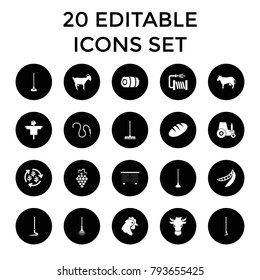 Agriculture icons. set of 20 editable filled agriculture icons such as grape, bread, scarecrow, rake, hoe, water hose, peas. best quality agriculture elements in trendy style.