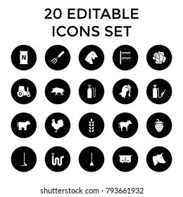 Agriculture icons. set of 20 editable filled agriculture icons such as cow, beehouse, hog, chicken, water hose, harden hose. best quality agriculture elements in trendy style.