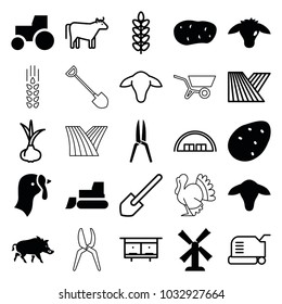 Agriculture icons. set of 25 editable filled and outline agriculture icons such as goat, turkey, potato, mill, tractor, field, cow, onion, beehouse, barn, lawn mower, shovel