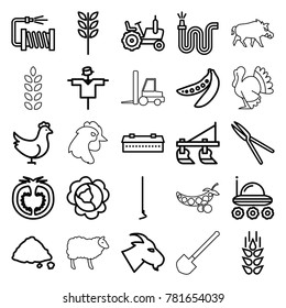 Agriculture icons. set of 25 editable outline agriculture icons such as wheat, chicken, barn, cabbage, tractor, scarecrow, goat, hoe, garden tools, water hose, ground heap