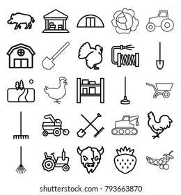 Agriculture icons. set of 25 editable outline agriculture icons such as shovel and rake, tractor, hog, chicken, goat, turkey, shovel, rake, hoe, water hose, strawberry