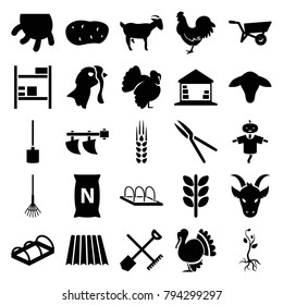 Agriculture icons. set of 25 editable filled agriculture icons such as field, shovel and rake, goat, wheel barrow, chicken, turkey, wheat, rake, garden tools, bag with ground