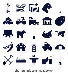 Agriculture icons set. set of 25 agriculture filled icons such as wheat, field, cow, udder, shovel and rake, chicken, potato, wheel barrow, tractor, scarecrow, goat, barn, mud