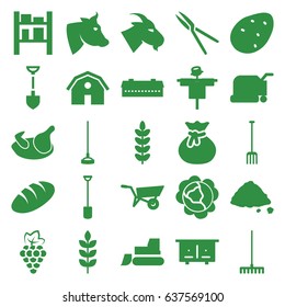 Agriculture icons set. set of 25 agriculture filled icons such as wheat, chicken, barn, potato, grape, cabbage, bread, wheel barrow, beehouse, scarecrow, cow, goat, lawn mower