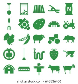 Agriculture icons set. set of 25 agriculture filled icons such as field, potato, wheel barrow, tractor, scarecrow, hog, cow, sheep, goat, turkey, barn, grape, shovel