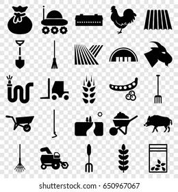 Agriculture icons set. set of 25 agriculture filled icons such as wheat, field, barn, peas, wheel barrow, tractor, hog, goat, chicken, shovel, construction, pitchfork, rake