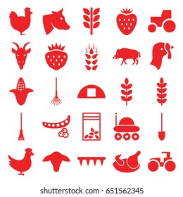 Agriculture icons set. set of 25 agriculture filled icons such as wheat, goat, chicken, turkey, peas, corn, hog, cow, tractor, shovel, rake, plowing tool, strawberry, seed bag