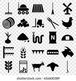 Agriculture icons set. set of 25 agriculture filled icons such as wheat, field, goat, chicken, hay, onion, mill, barn, mud, tractor, rake, plowing tool, hoe, garden tools