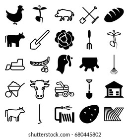 Agriculture icons set. set of 25 agriculture filled and outline icons such as cow, udder, chicken, turkey, potato, cabbage, bread, shovel, pitchfork, hoe, water hose, sprout