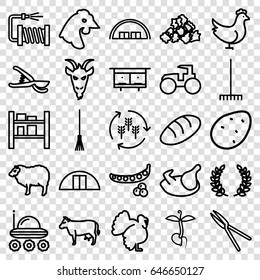 Agriculture icons set. set of 25 agriculture outline icons such as cow, sheep, chicken, turkey, goat, harvest, potato, peas, bread, beehouse, barn, mud, tractor, rake
