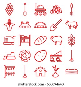 Agriculture icons set. set of 25 agriculture outline icons such as cow, sheep, wheat, barn, potato, onion, grape, cabbage, corn, bread, tractor, lawn mower, mud, shovel