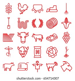 Agriculture icons set. set of 25 agriculture outline icons such as cow, goat, chicken, wheat, field, udder, hay, grape, cabbage, corn, scarecrow, lawn mower, tractor, shovel